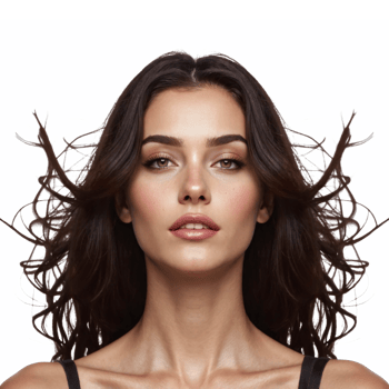 Beautiful Woman Face with Flowing Dark Hair Symmetrical Style Transparent Background Clipping Path png