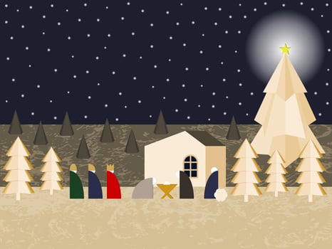 Illustration Depicting Traditional Christmas Nativity Scene at Night. vector
