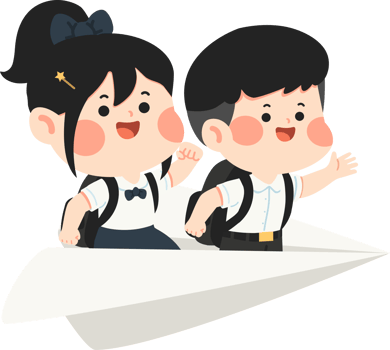 Two children in school uniforms are riding on a paper airplane png
