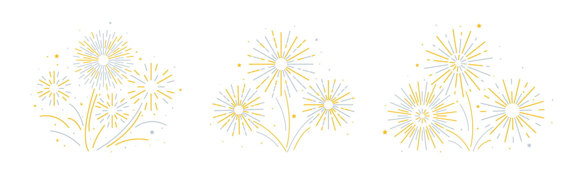 New year firework set. Collection of golden yellow explosion on white background. Simple flat style burst for decoration, print, poster, banner, wallpaper, card, cover vector
