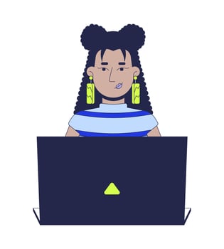 Stylish latina woman with long earrings typing laptop 2D cartoon character. Web designer. Confident hispanic female developer coding flat person isolated on white. Spot illustration colorful vector