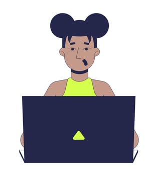 Surprised black woman working on laptop 2D cartoon character. African american girl with space buns expressing shock while typing flat person isolated on white. Spot illustration colorful vector