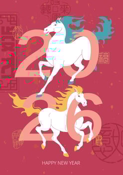 2026 Chinese New Year ,Year of the Horse Poster with Red Traditional Chinese Seal Patterns and Horse Design, Lunar New Year Concept, Modern Design for Card, Postcard, Poster and Flyer Template vector