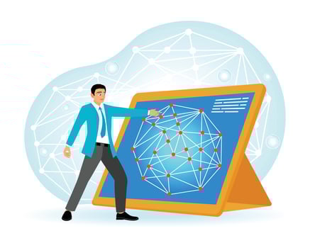 Artificial Intelligence. Student Analyzing a Network on a Large Digital Screen. vector