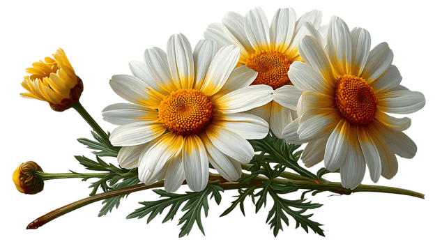 Three white and yellow daisies with buds and green leaves isolated on transparent background png