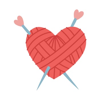 heart-shaped ball with knitting needles inside. An isolated item for handicrafts. cozy atmosphere. flat color illustration. For about knitting, handicrafts, blogs, printed products, or hobby items vector