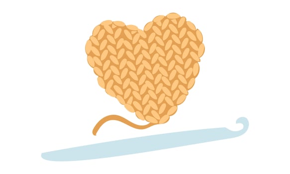 Crochet heart. Soft object and iron hook. Handmade isolated theme. Cozy atmosphere. Flat color illustration. For websites about knitting, handicrafts, apps, blogs, printed products, or hobby goods vector