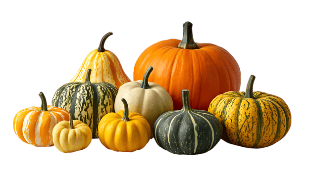 A vibrant assortment of decorative gourds and pumpkins showcasing autumn colors isolated on transparent background png