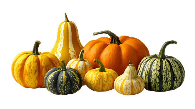 Assortment of colorful gourds and pumpkins in various shapes and sizes isolated on transparent background png