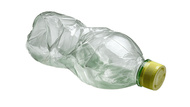 Crushed clear plastic water bottle with a yellow cap lying on its side isolated on transparent background png