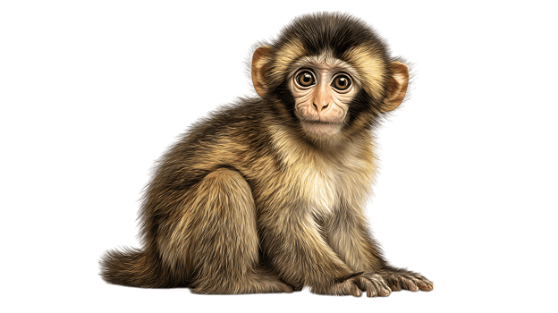 Adorable young monkey with big eyes sitting and looking forward isolated on transparent background png