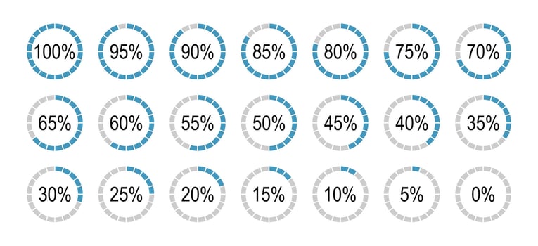 Set of round diagrams icons for infographics from 0 to 100 percent. Blue, grey color fill divided pie charts indicator. Percentage infographics minimalist elements. Circle graph loading progress. vector