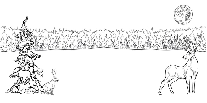Winter forest border with snowy pine trees, moon and woodland animals hand drawn black white contour . Landscape scene with reindeer and hare painted monochrome sketch for Christmas cards. vector