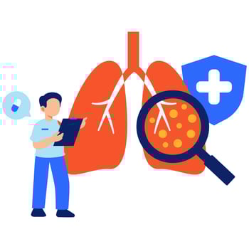 A medical professional inspects lung health using a magnifying glass, highlighting diagnostics, care, and respiratory wellness vector