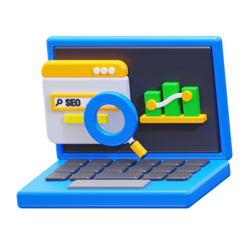 Seo 3d laptop image for insightful seo analysis in vibrant blue hue suitable for website design, digital marketing, technology concepts png