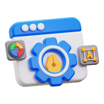 Design process 3D graphic displaying website design tools like a gear and pen, suitable for web development or graphic design concepts png