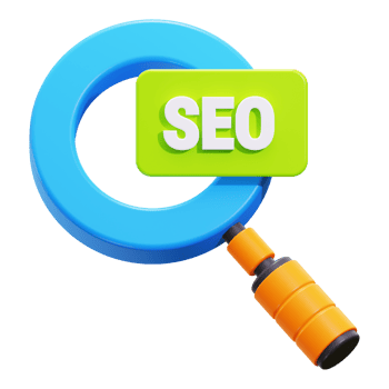 3d SEO concept with blue magnifying glass showing green SEO label. Ideal for website optimization, digital marketing, and search engine related designs png