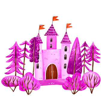 Card for baby birthday, baby shower.. Fairy castle in magic forest landscape. Poster for girl nursery. Poster. Pink watercolor background png