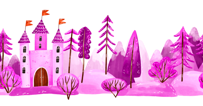 Seamless border pattern of forest, trees, bushes,Old pink castle for princess. Watercolor illustration png