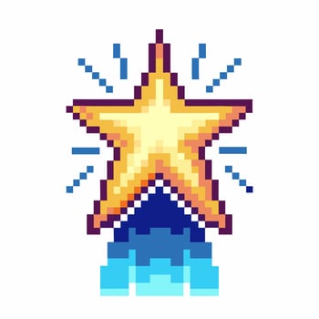 Pixel art gold star with blue trail and sparkles retro game achievement, reward, success, victory concept illustration vector