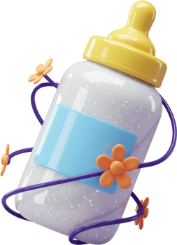Sparkling 3D baby bottle with yellow nipple and playful floral accents png