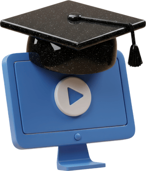 Online education concept, graduation cap on blue computer monitor with play button png