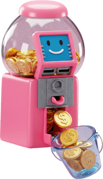 Pink 3D gumball machine ATM dispensing golden dollar sign coins into a clear bucket png