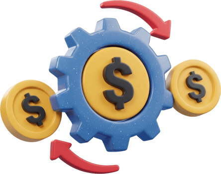 Dynamic 3D illustration of financial process with gear, dollar signs, and flowing arrows png