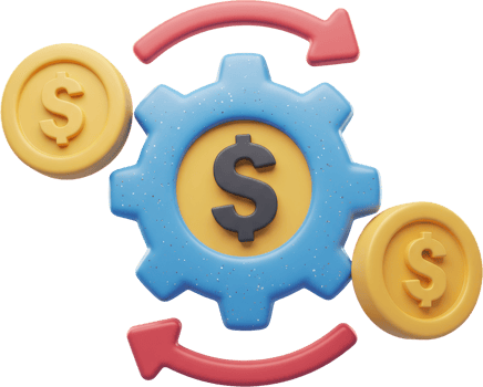 Financial transaction process 3D icon with gear and dollar exchange png