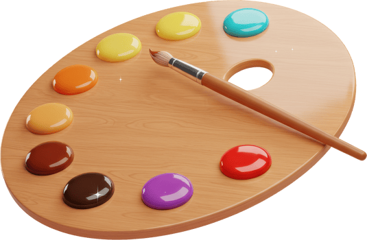 Wooden painter palette with vibrant paint colors and artist brush png
