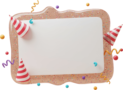 Blank white card with festive party hats and colorful confetti for celebration message png