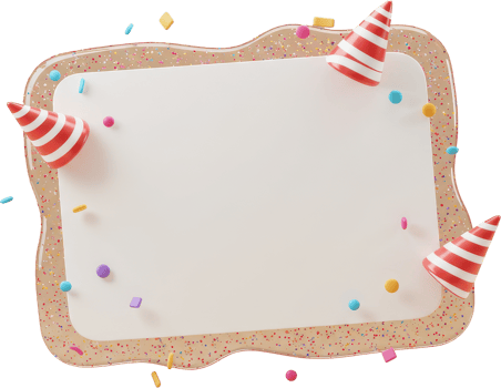 Playful 3D blank card with party hats and colorful confetti for festive announcements png