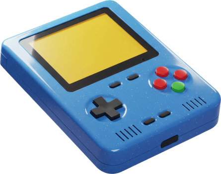 Vibrant blue portable gaming console with yellow screen and classic controls png