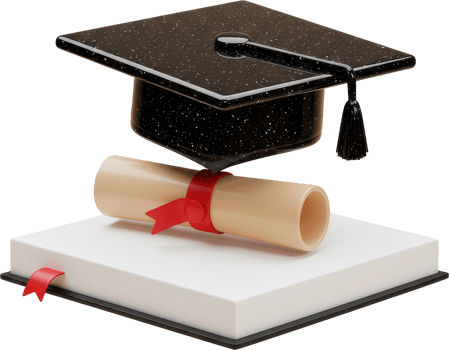 Black graduation cap, diploma scroll, and open book representing academic achievement png