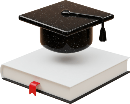 Black mortarboard graduation cap floating above white book with red bookmark png