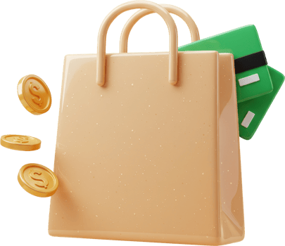 Beige shopping bag with golden coins and green credit cards for online shopping png