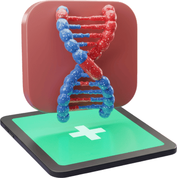3D DNA helix made of pills above a tablet with medical cross icon for digital health png