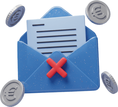 Digital communication error, blue envelope with red x mark and floating euro coins png