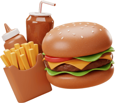 Classic 3D cartoon fast food meal with a big hamburger, golden fries, and refreshing soda png