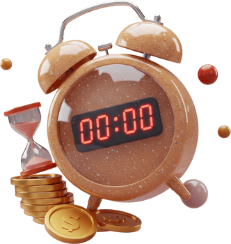 Digital alarm clock with countdown timer, gold coins, and hourglass png