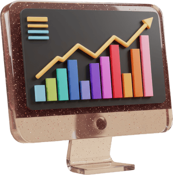 Computer monitor displaying colorful financial charts and an upward trending growth graph png