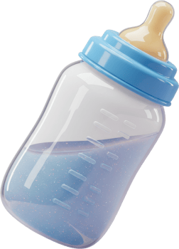 Adorable baby bottle with blue top and shimmering blue liquid for infant feeding png
