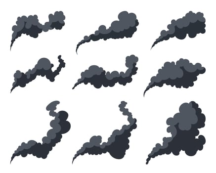 A collection of nine stylized dark gray smoke plumes rising on a clean white backdrop, creating a graphic illustrating pollution, fire, or industrial discharge. vector
