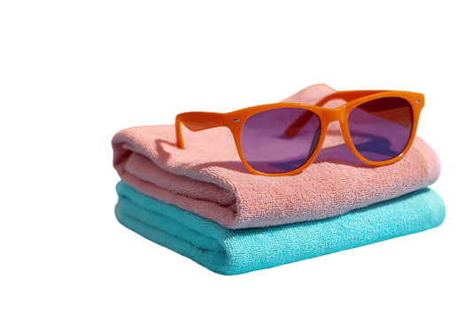Orange sunglasses rest on a stack of pink and blue towels summer vacation essentials png