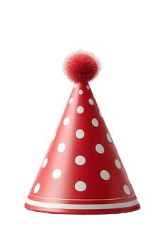 Red polka dot party hat with fluffy top perfect for celebrations png