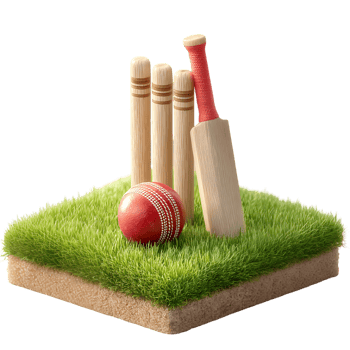 Cricket game equipment on a grassy pitch bat ball wickets png