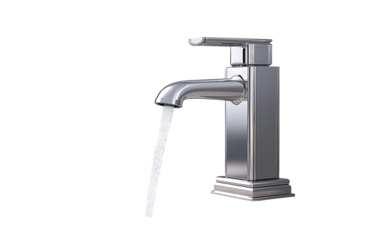 Modern chrome faucet with water flowing design element for bathroom kitchen or sink png