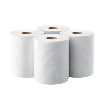 Four rolls of white textured paper towels arranged together png