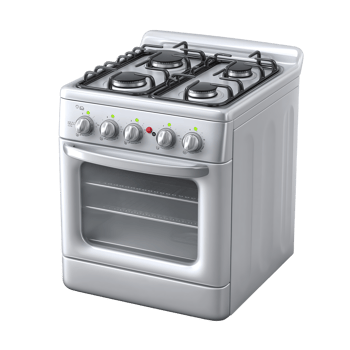 Modern silver freestanding gas oven with four burners and a large oven capacity ideal for home kitchens png