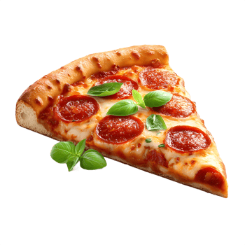 Delicious pepperoni pizza slice with melted cheese and basil png
